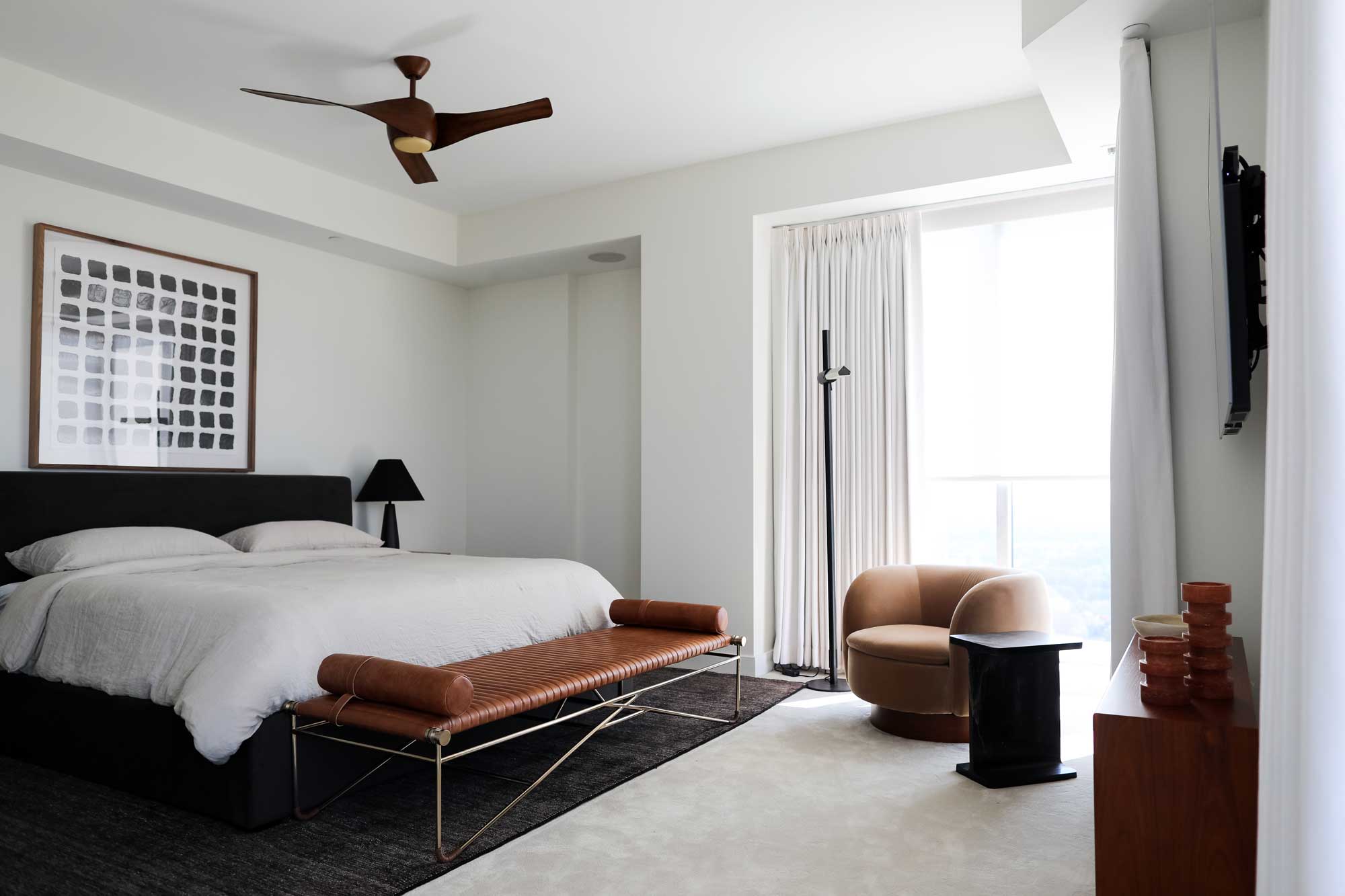 sleek primary bedroom design by interior designer Patchi Cancado
