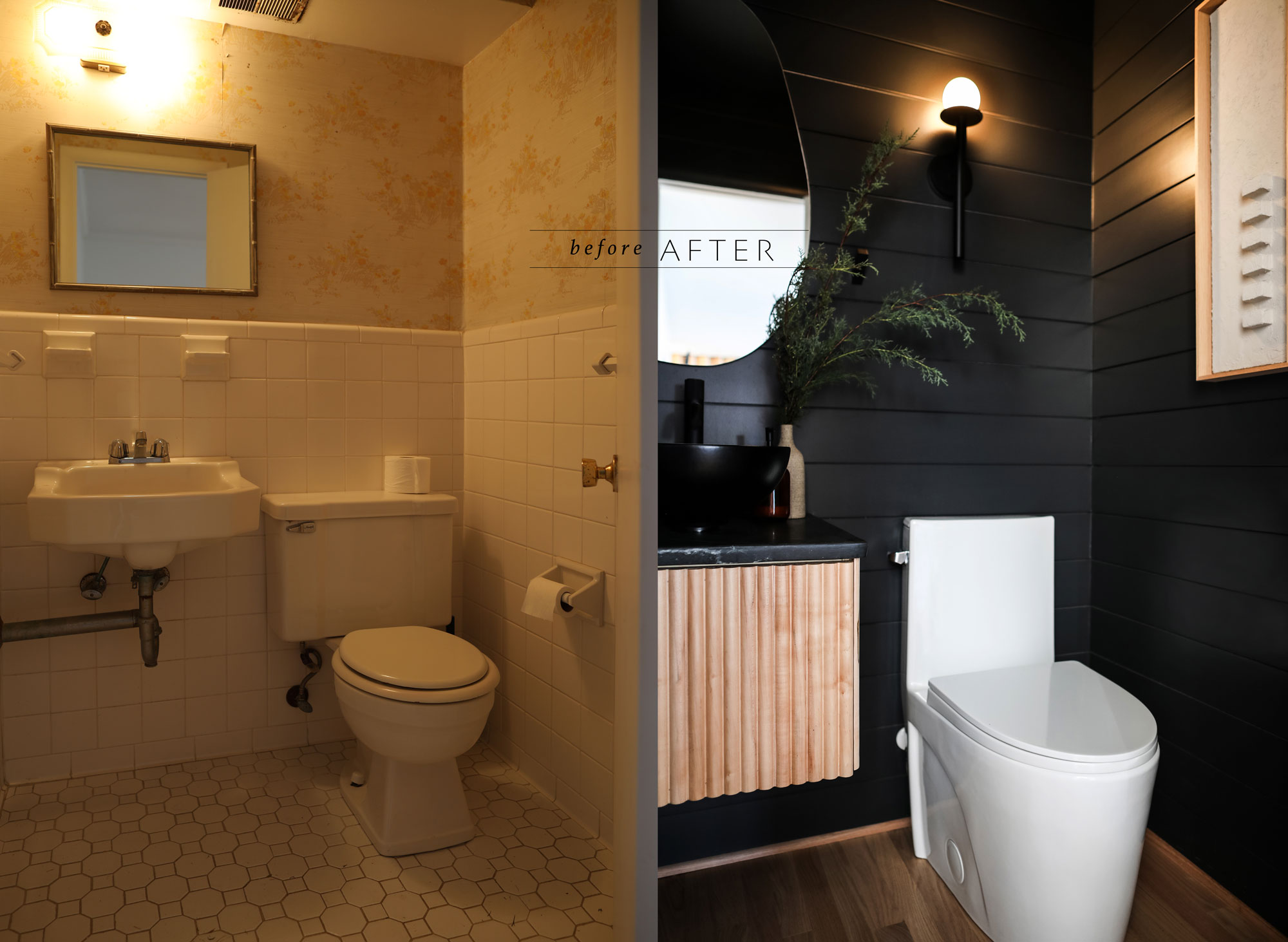 before and after powder room design for the beach house